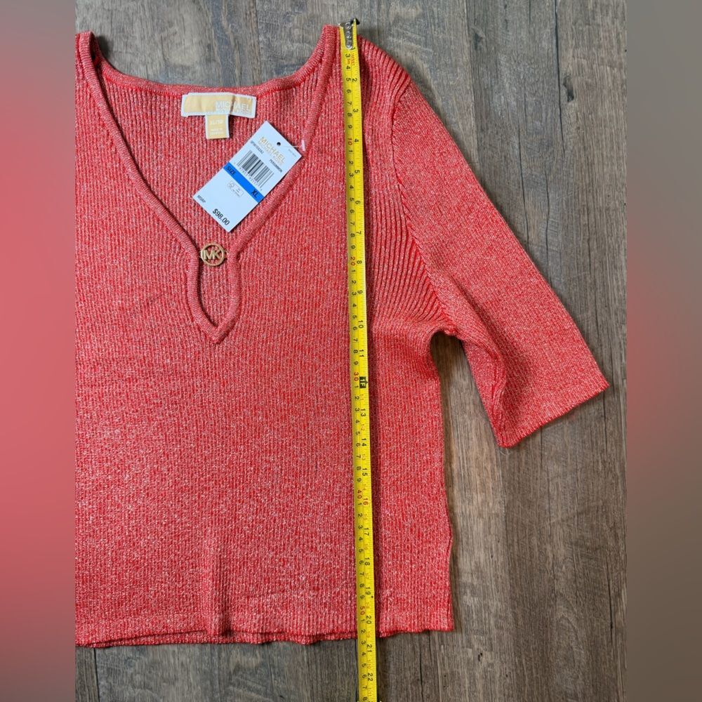 NWT Michael Kors Salmon Pink Ribbed V-Neck Embellished Top Casual 3/4 Sleeve XL - Picture 8 of 9
